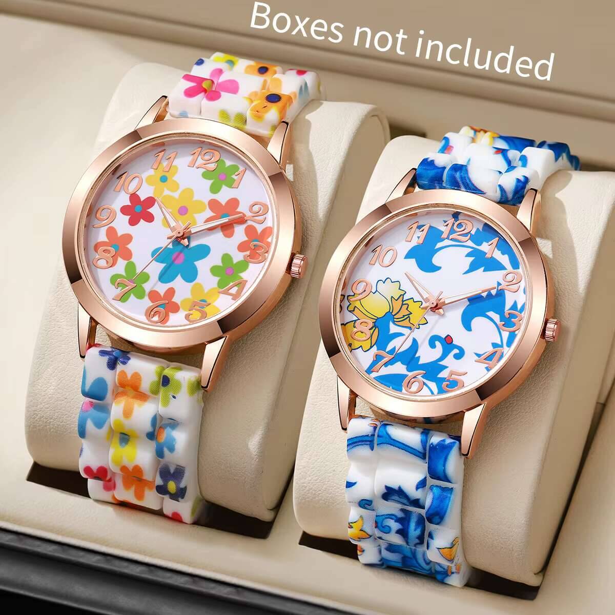 2PCS 패션 플라워 프린트 여성용 시계 캐주얼 실리콘 - Silicone Band Women 리뷰 및 가격