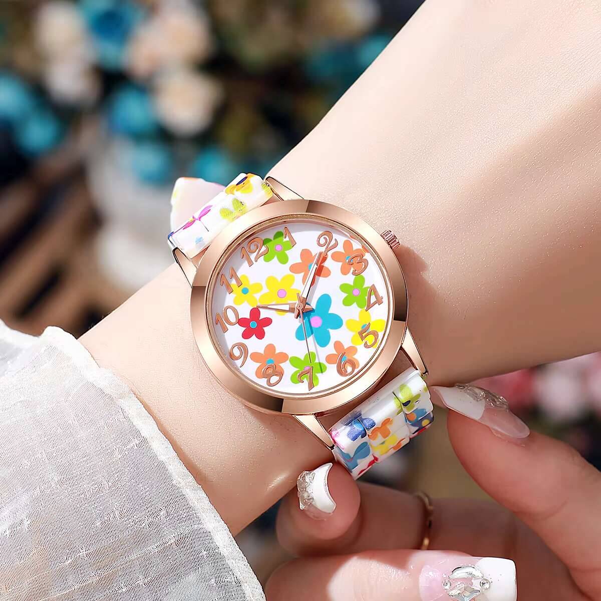 2PCS 패션 플라워 프린트 여성용 시계 캐주얼 실리콘 - Silicone Band Women 리뷰 및 가격